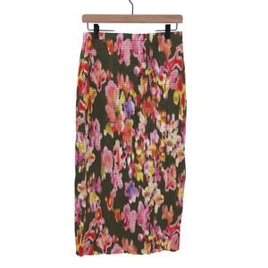 La Ligne Smocked Midi Skirt Olive Green Floral  Print 100% Cotton Medium